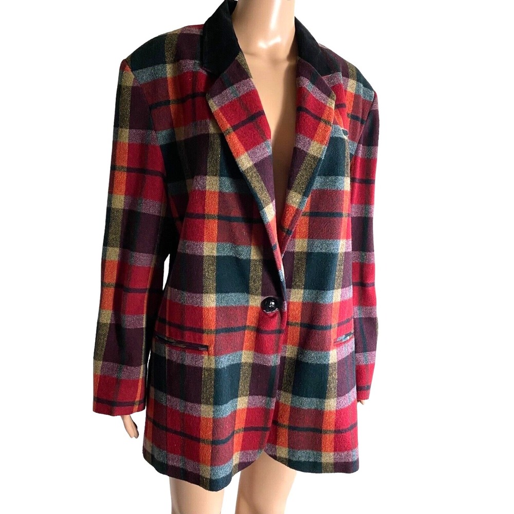 Ashley Scott Vintage Plaid Wool Blend Blazer Red Green Velvet Collar RN63476